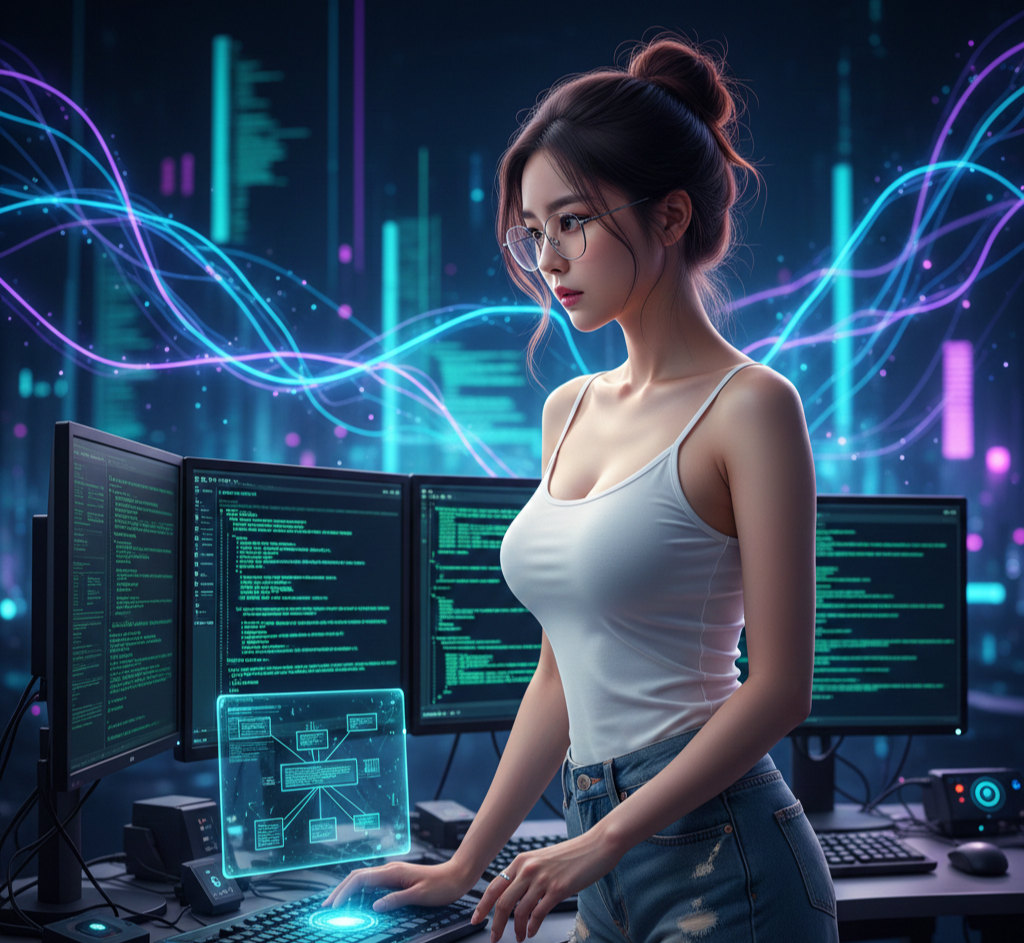현대적인 기술 연구소에서 여러 개의 모니터를 응시하며 코드 분석에 집중하고 있는 아름다운 젊은 한국 여성 개발자의 모습. 흰색 면 티셔츠와 짧은 데님 반바지를 입고 있으며, 배경에는 데이터 흐름을 상징하는 파란색과 보라색의 추상적인 빛의 선들이 복잡하게 얽혀 흐르는 모습.