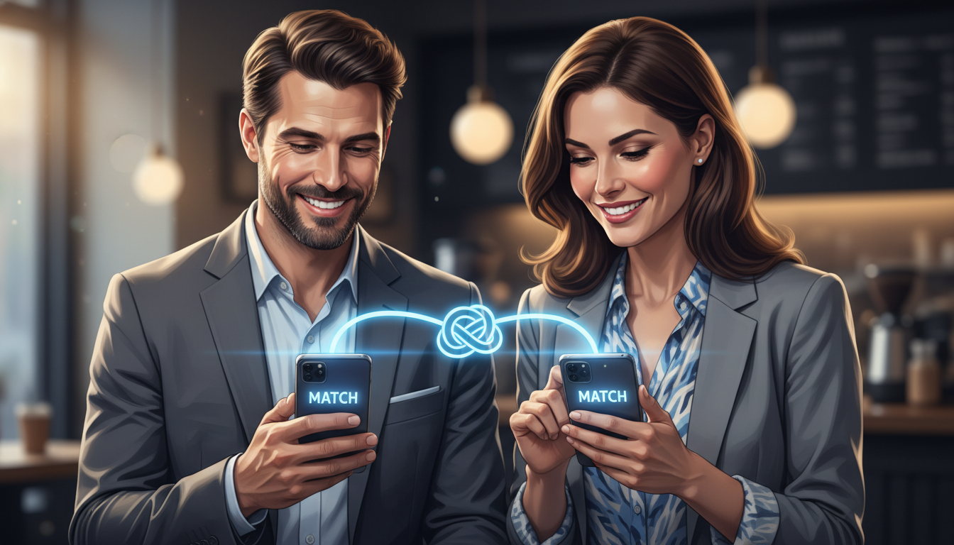 스마트폰 소개팅 어플로 성공적으로 매칭된 30대 직장인 남녀의 모습