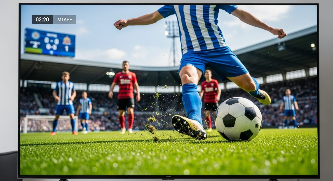 축구 경기 클로즈업 화면에 선수의 슛 장면과 점수판이 보이는 장면