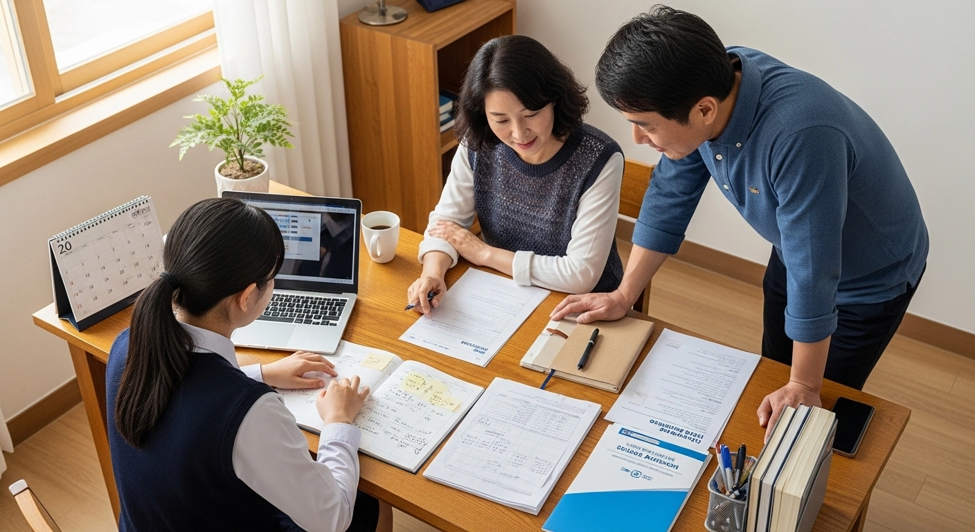 고등학생과 부모가 대학 모집요강을 확인하는 장면