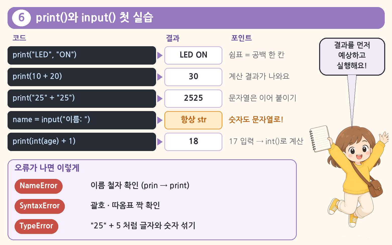 print()와 input() 예제의 결과와 자주 나는 오류 3가지 요약 그림