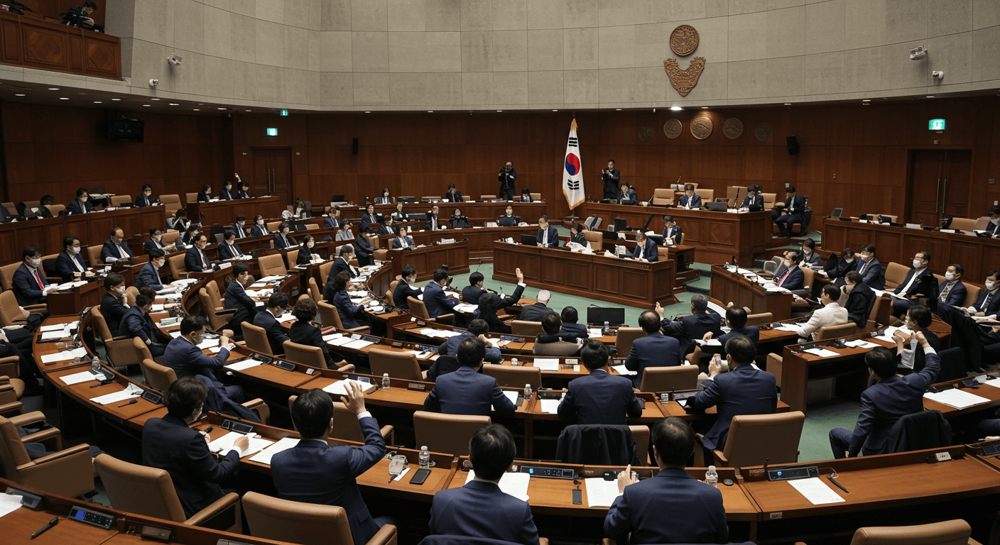 대한민국 국회 본회의장에서 한국인 국회의원들이 검찰청 폐지를 두고 토론과 표결을 진행하는 장면 2