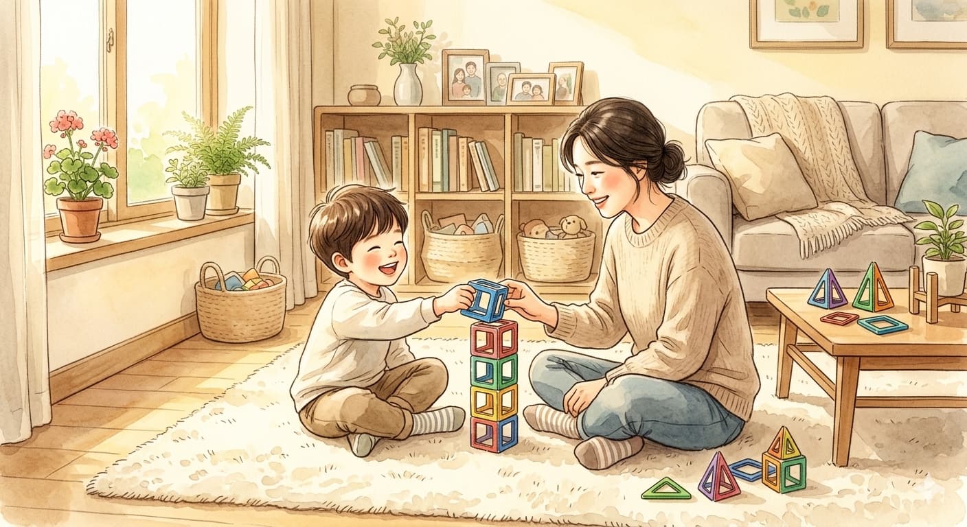 완벽주의 아기와 엄마가 자석 블록으로 성공 경험을 쌓는 장면