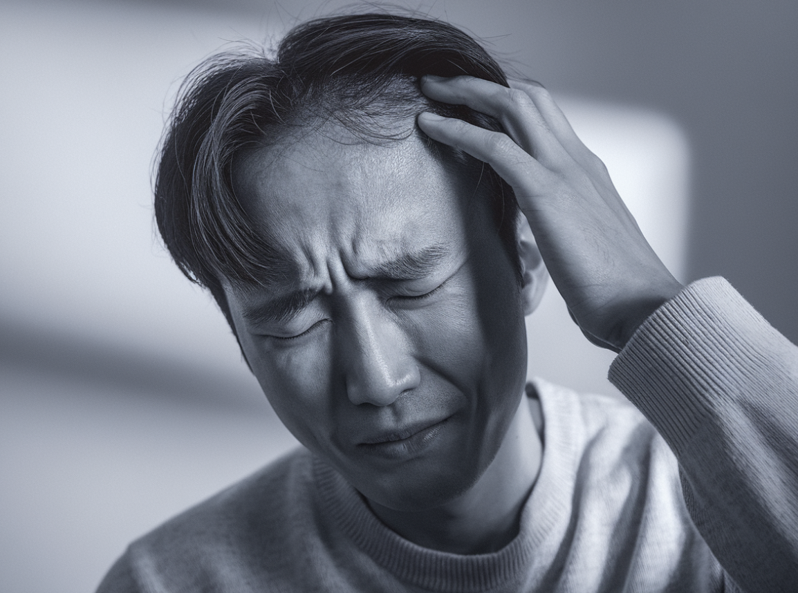 두피 가려움과 탈모로 고통 받는 모습