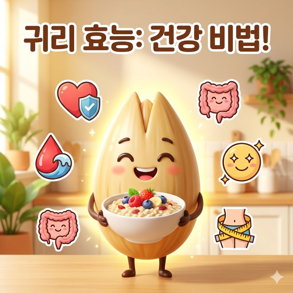 귀리 섭취로 건강하고 행복한 일상을 보내는 3D 카툰 캐릭터와 '귀리 효능: 건강 비법!' 문구.