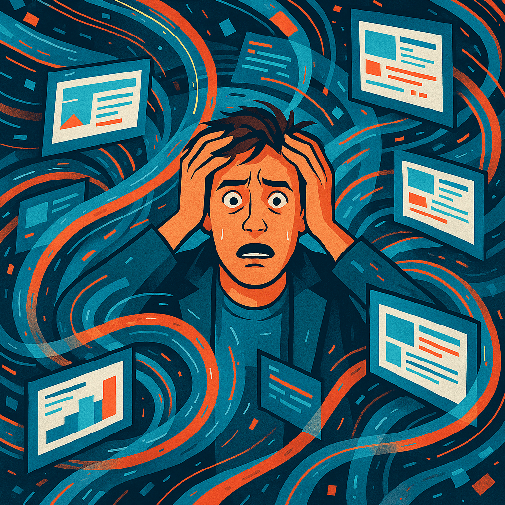 정보에 둘러싸여 압도당하는 인물의 디지털 아트