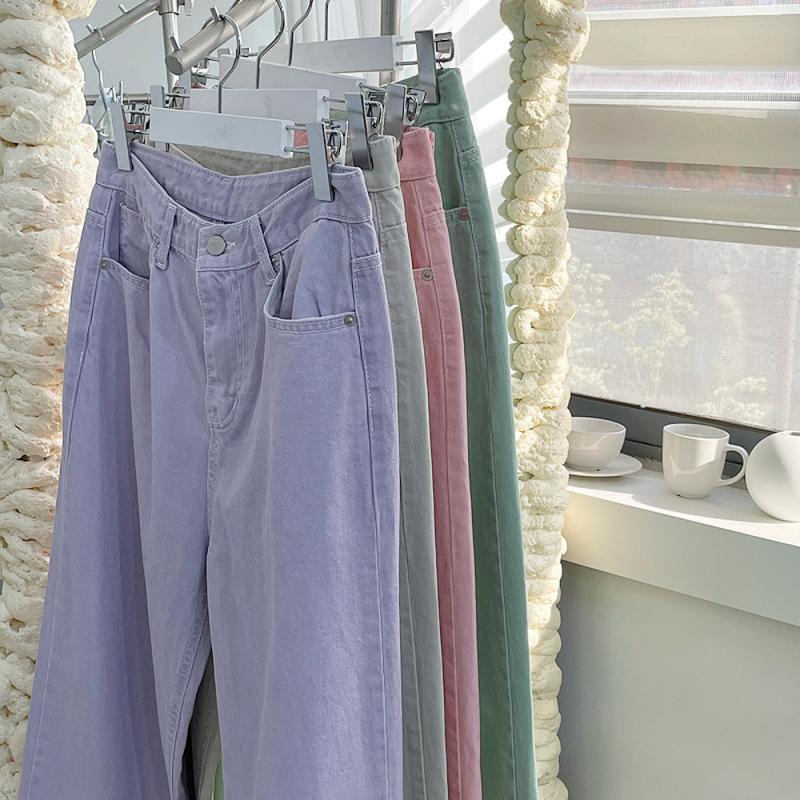 피버 여자 피그먼트 컬러 워싱 롱 와이드팬츠 핑크 민트 여성통바지