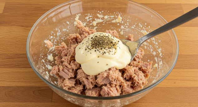 볼에 참치와 마요네즈, 간장, 설탕 등이 들어가 있다.