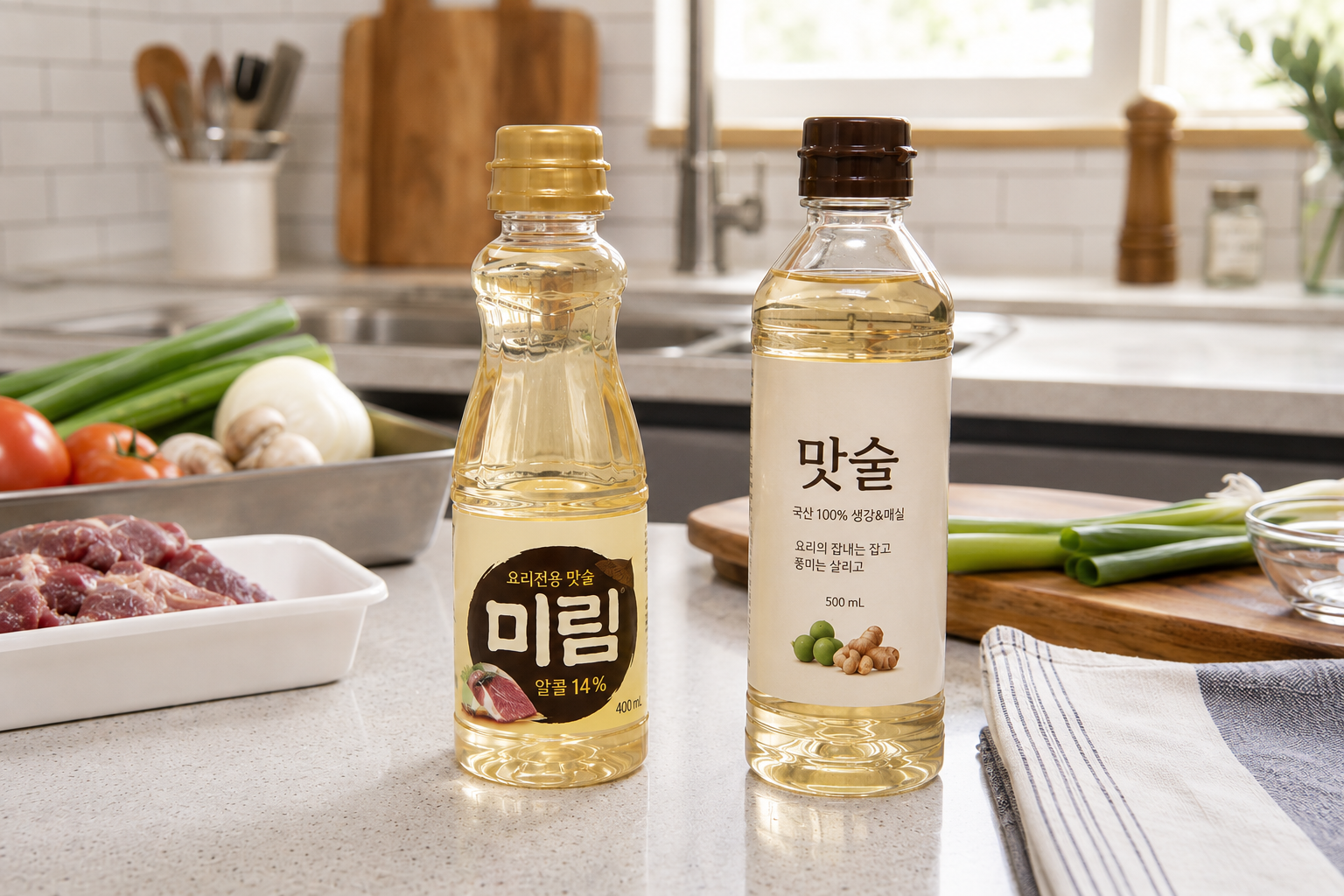 주방 조리대 위에 미림 제품과 맛술 제품을 나란히 놓은 생활형 사진, 실제 요리 전 준비한 느낌의 자연스러운 구도 추천