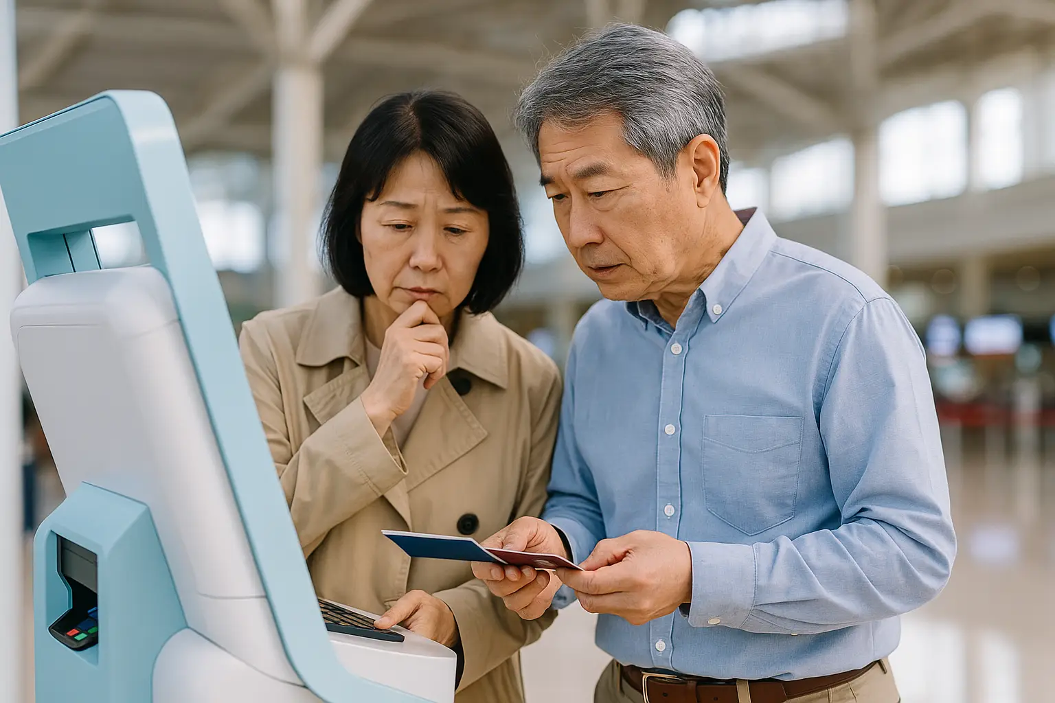 해외여행 출국 전, 공항 키오스크에서 결제 화면을 확인하는 50~60대 부부