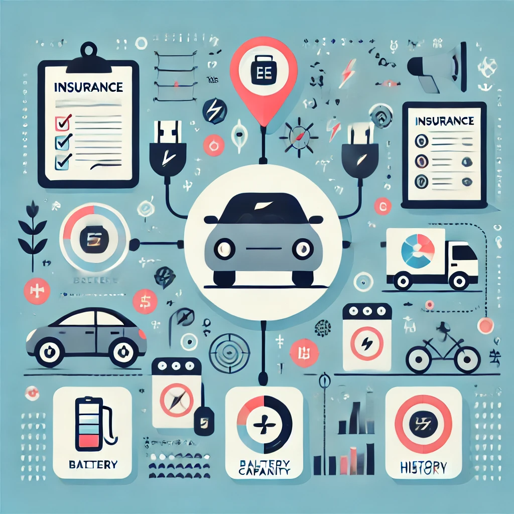 전기차 보험료에 영향을 미치는 다양한 요소를 보여주는 인포그래픽. 차량 유형, 배터리 용량, 운전 이력 등의 아이콘과 심볼이 포함되어 있다.