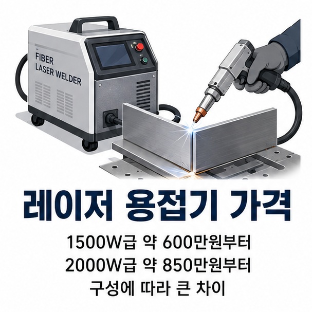 휴대형 파이버 레이저 용접기와 금속 작업물을 표현해 1500W와 2000W 장비의 가격이 출력과 구성에 따라 크게 달라짐을 보여 주는 그림