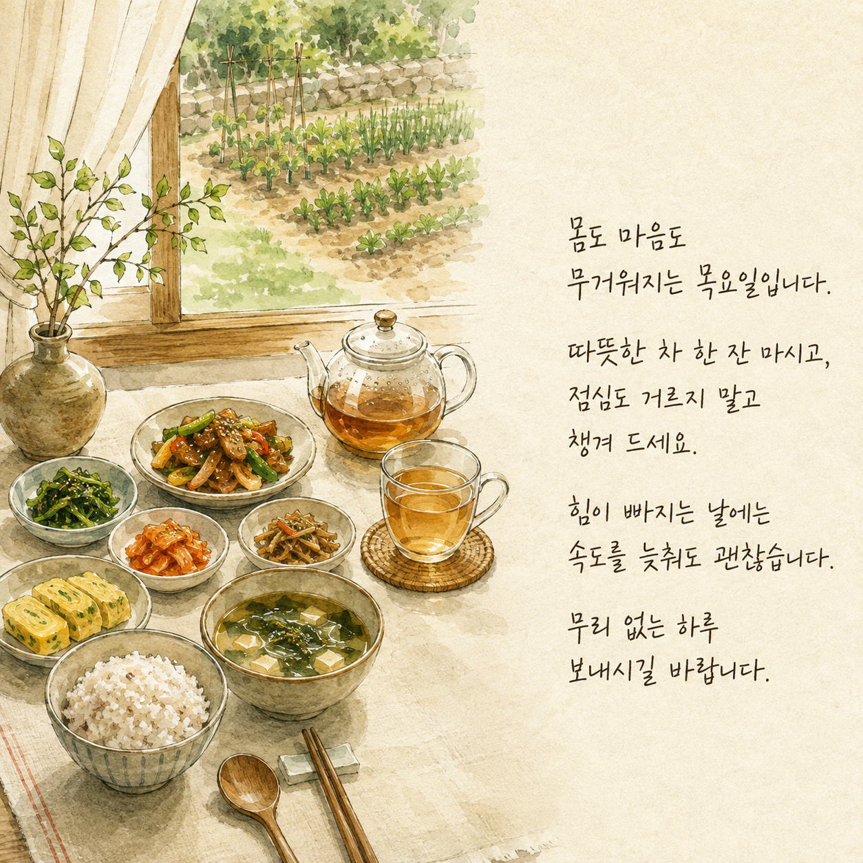 따뜻한 차와 식사를 챙기며 무리 없이 보내라는 목요일 인사 이미지