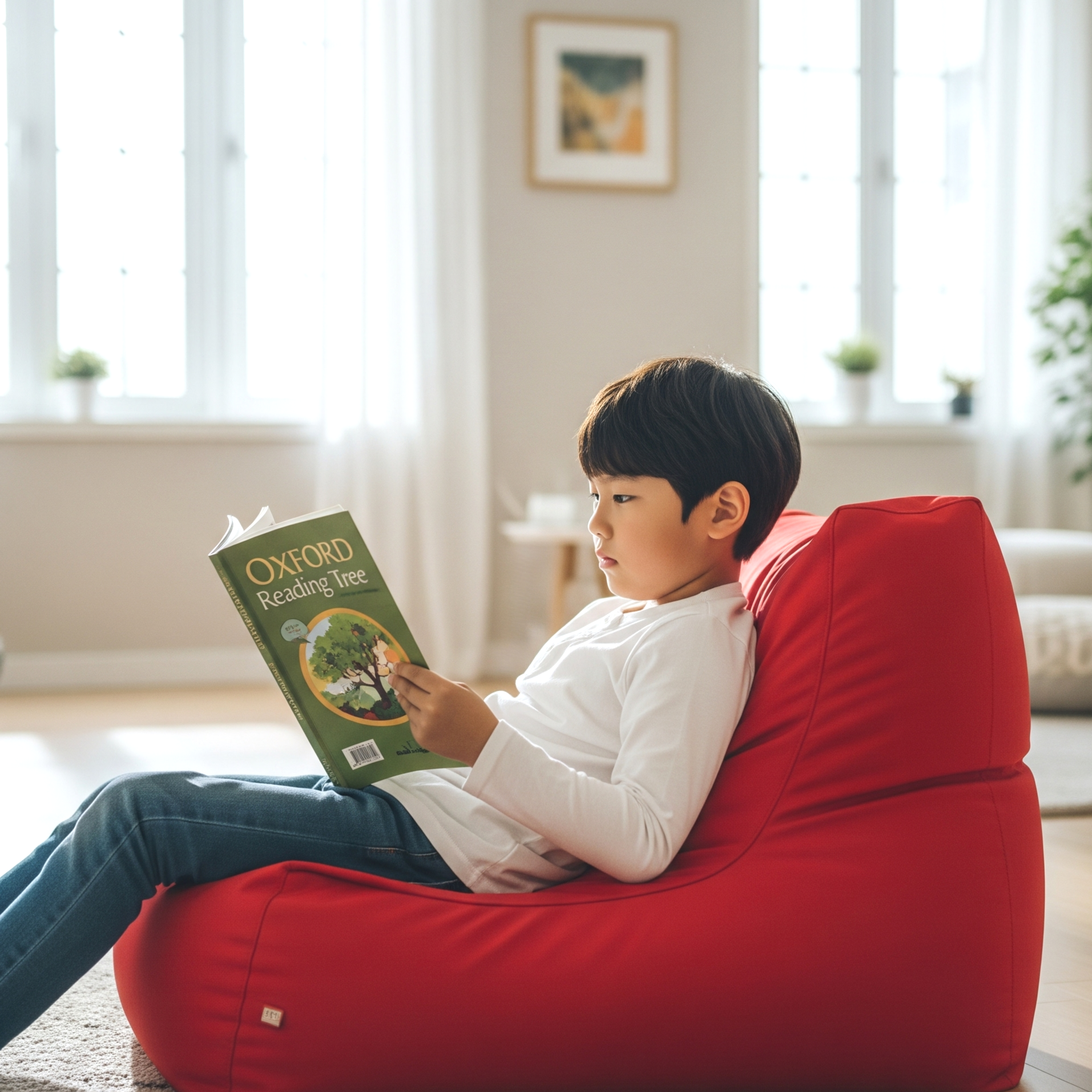 빈백에 앉아 영어 리딩북을 읽는 초등학생