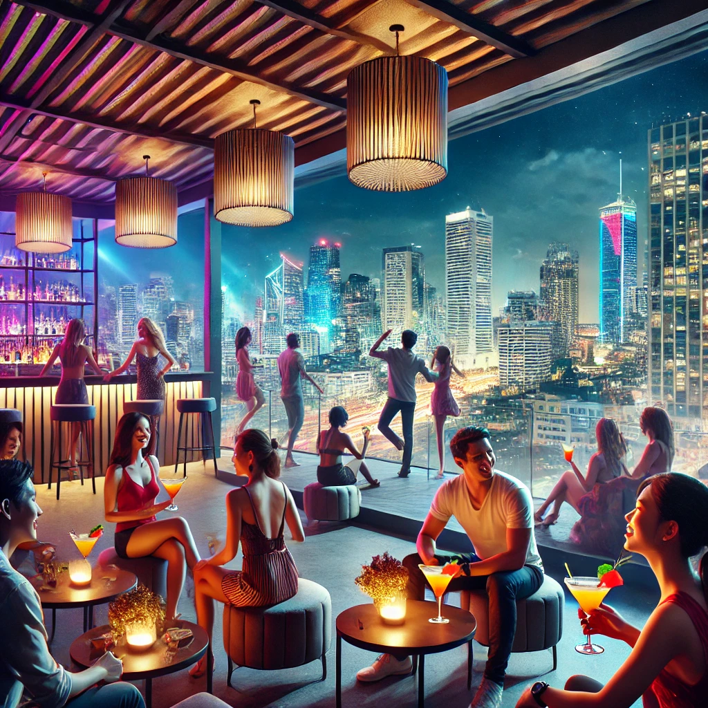 세부의 화려한 야경과 루프탑 바에서 칵테일을 즐기는 사람들, 클럽에서 신나게 춤추는 모습