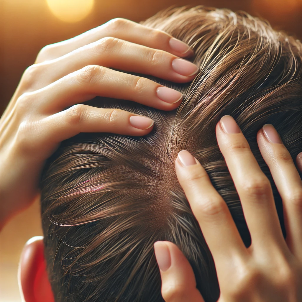 머리 심기 후 시술부위를 확인하는 남성