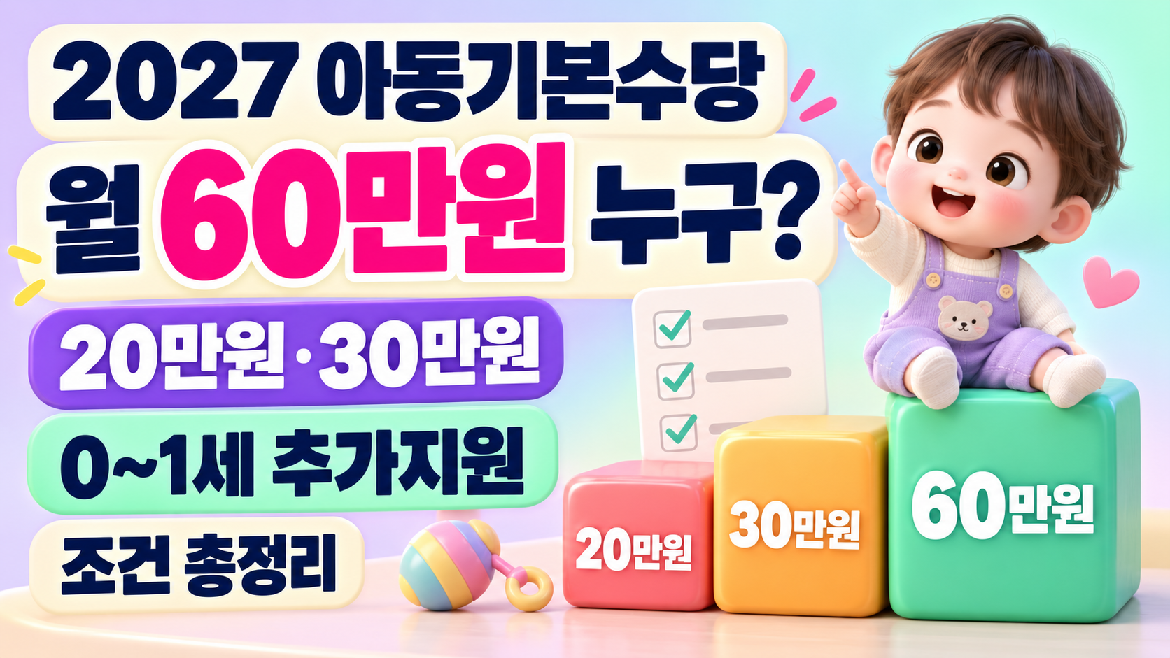 2027 아동기본수당 월 60만원 누구?｜20만원&middot;30만원&middot;0~1세 추가지원 조건