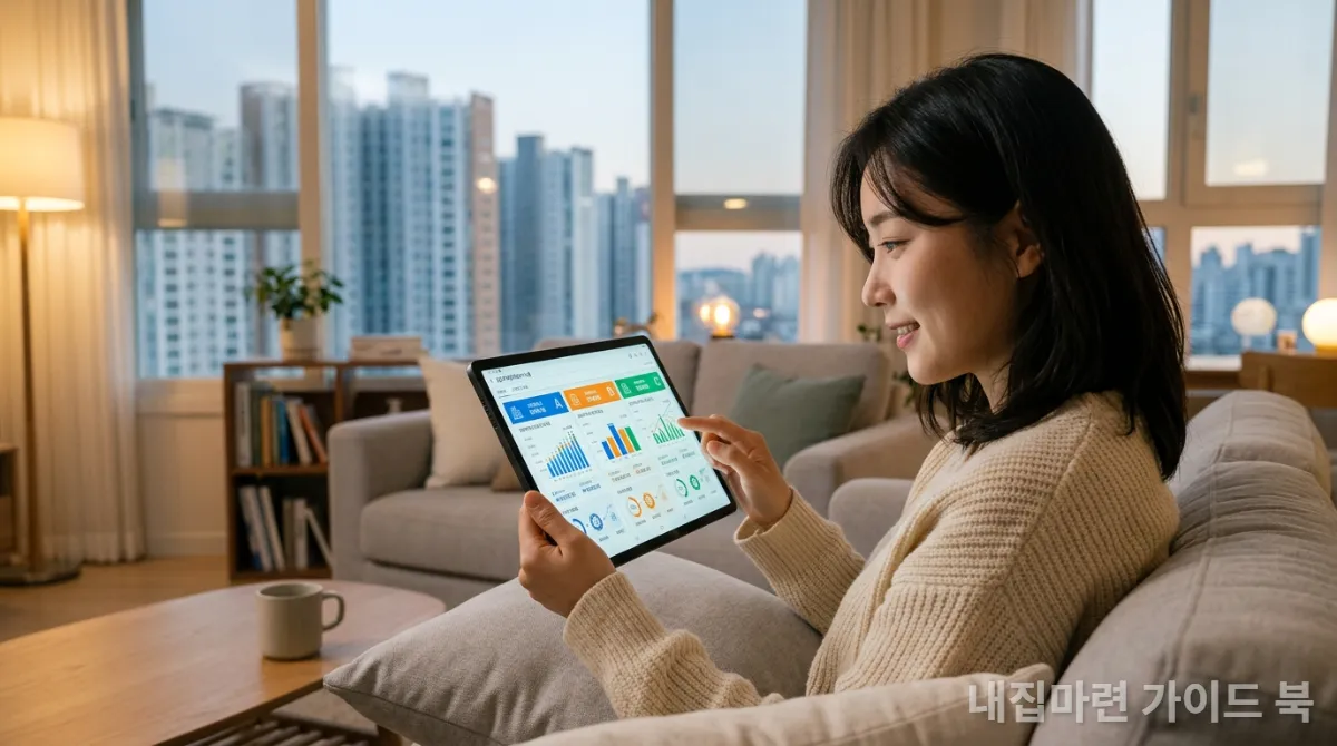 스마트폰으로 K-apt 시스템을 활용하여 관리비를 비교하는 모습