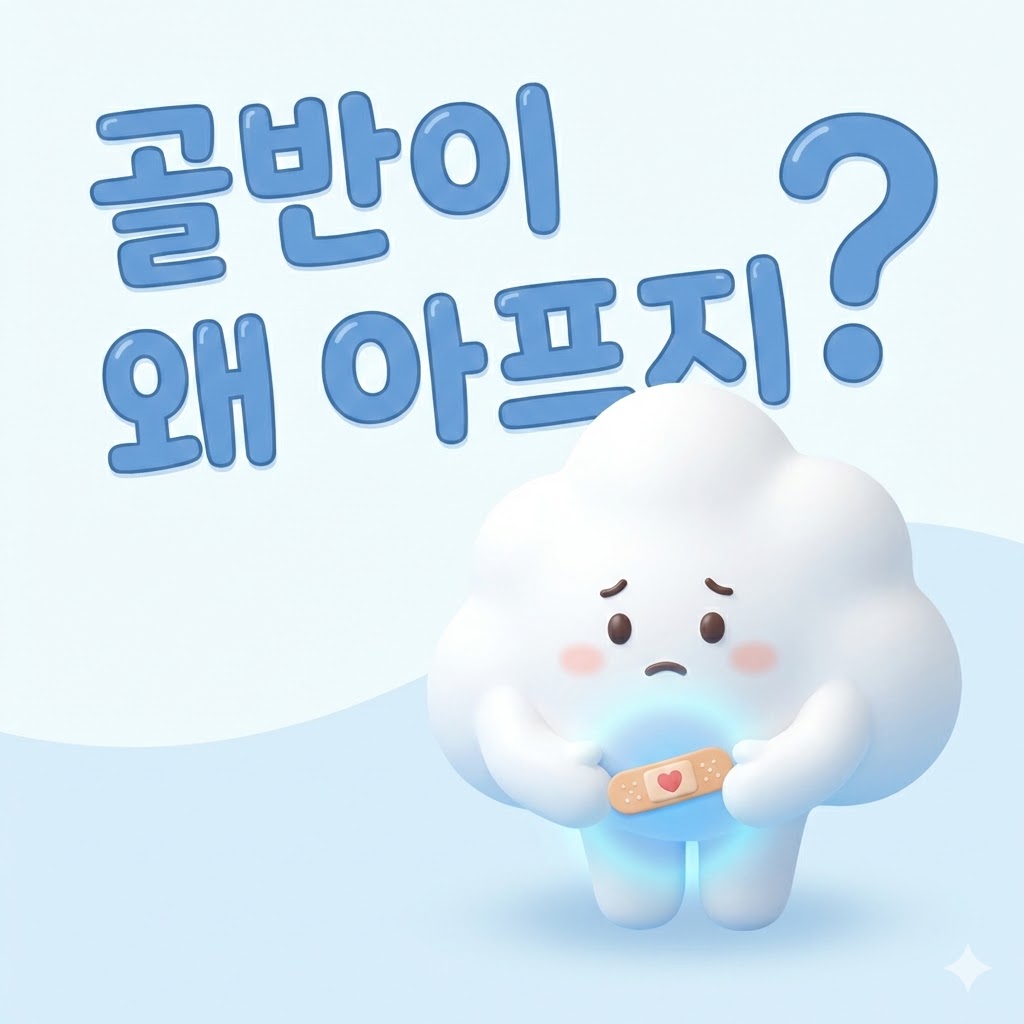 골반 통증으로 고민하는 귀여운 캐릭터가 골반을 감싸고 있는 3D 카툰 일러스트. '골반이 왜 아프지?'라는 한글 문구가 함께 있습니다.