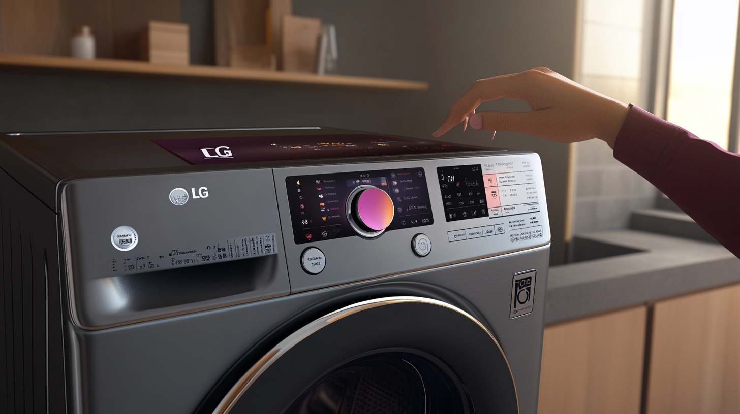 세련되고 현대적인 디자인의 LG 워시타워, 다양한 색상 선택이 가능하며, 사용자가 상단 스크린을 조작하고 있는 장면. 집 인테리어와 잘 어울리는 모습