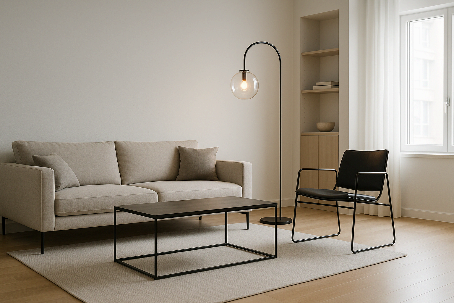 금속 조명과 의자가 포인트로 들어간 세련된 인테리어 공간