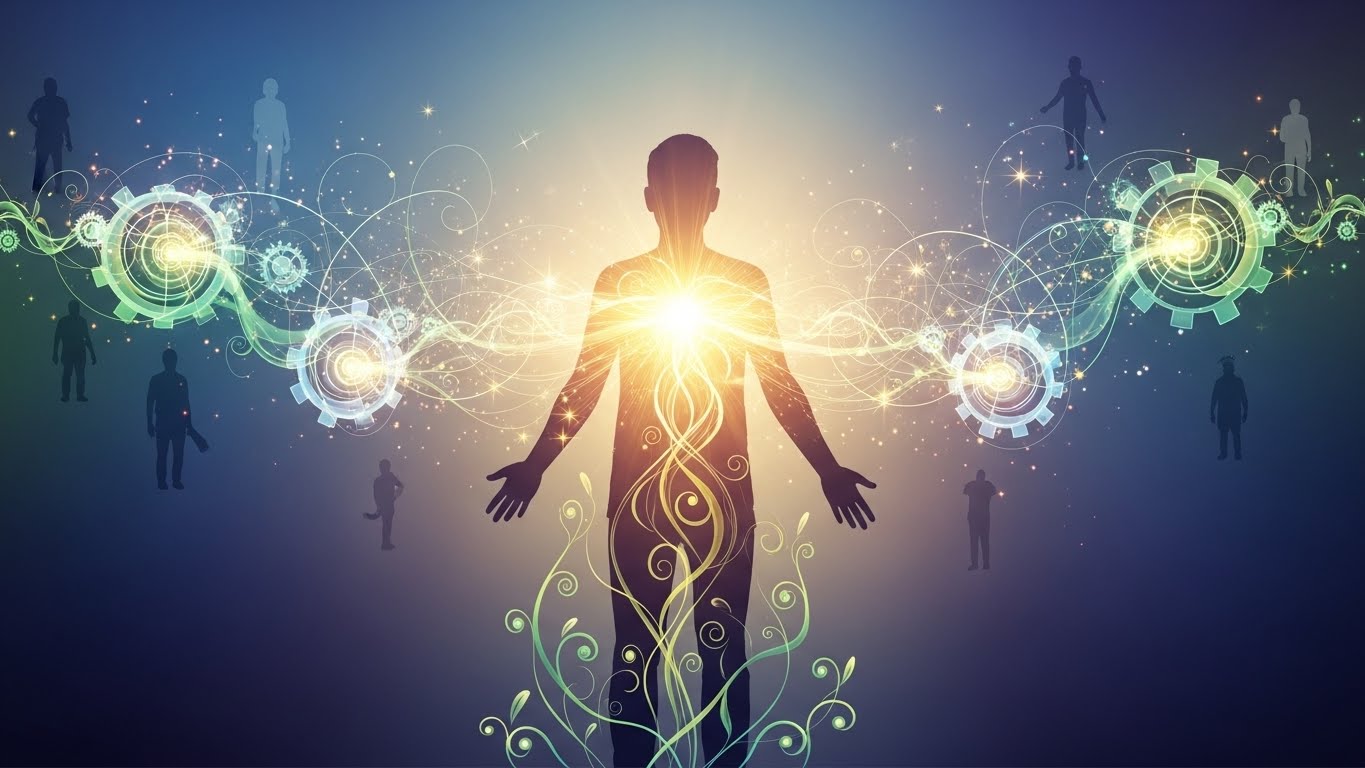 나눔과 봉사가 개인과 사회에 미치는 긍정적인 영향을 시각화한 추상적인 이미지. 사람의 실루엣에서 빛이 퍼져나가며 성장과 공동체 연결을 상징합니다.