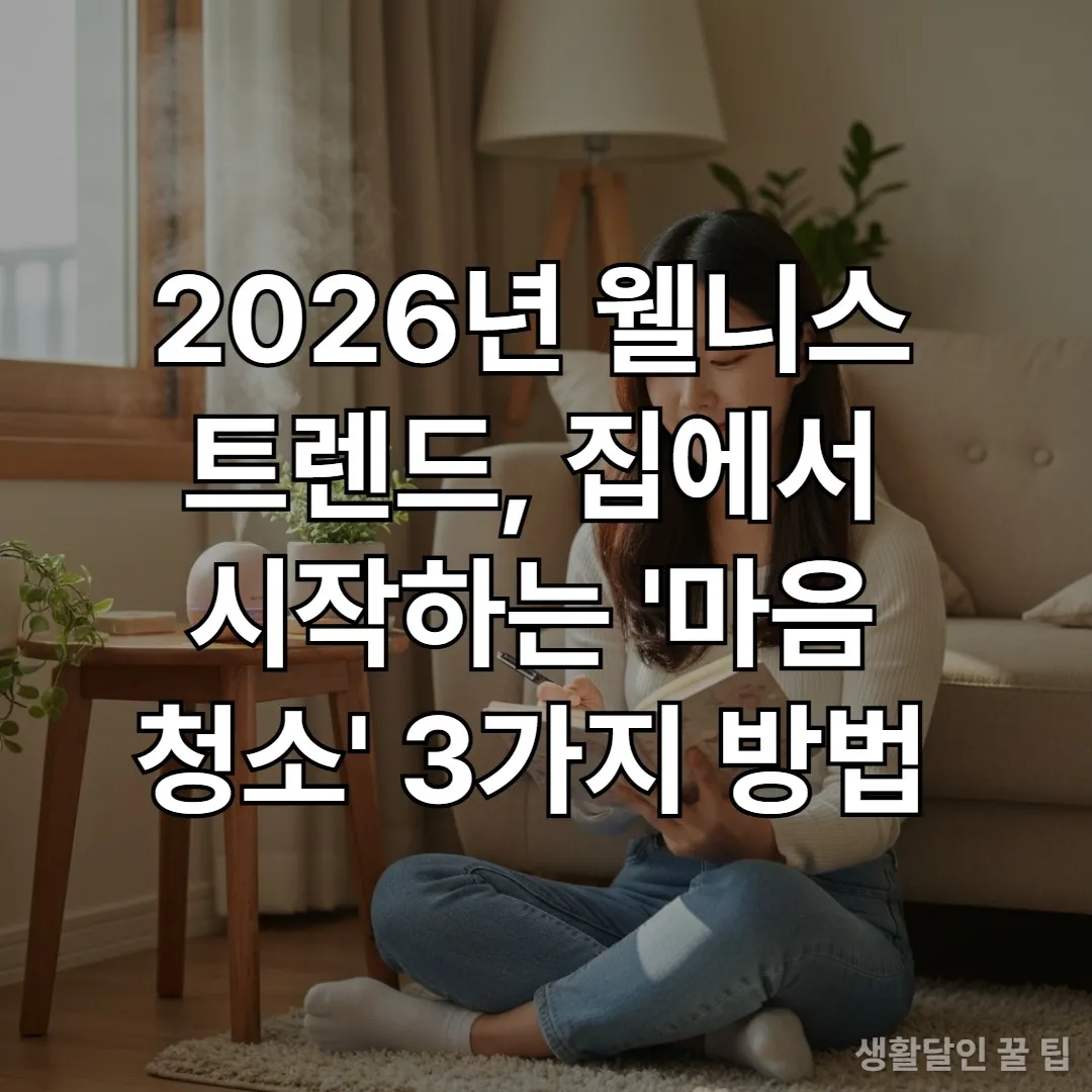 편안한 거실에서 자기 성찰 일기를 쓰고 있는 한국인 여성과 아로마 디퓨저