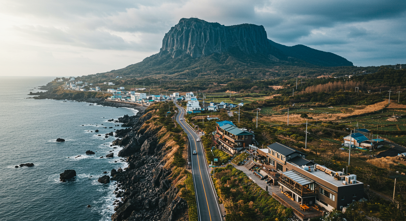 제주 동쪽의 성산일출봉, 해안길, 감성 카페가 어우러진 풍경