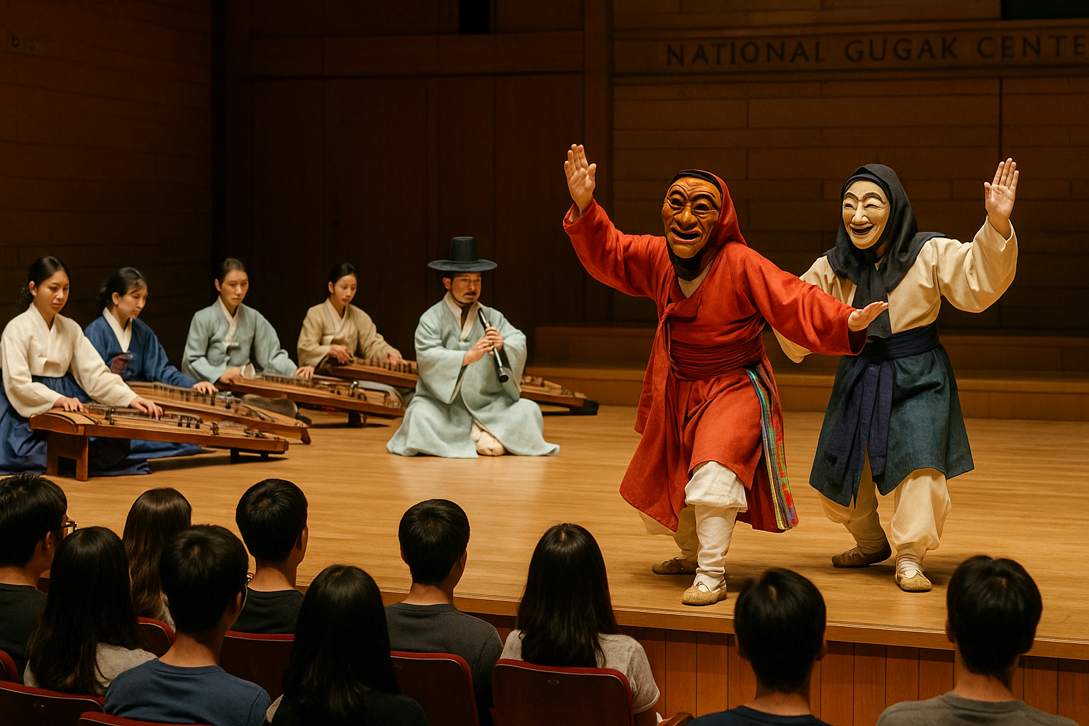 국립국악원 무대 위에서 전통 악기 연주와 탈춤 연희가 어우러진 생동감 넘치는 공연 장면