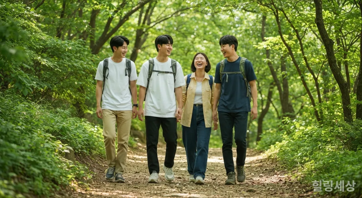 서울 근교 숲길을 걷는 젊은 한국인 친구들