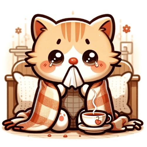 고양이 허피스 증상과 원인 관련 사진이다. 고양이가 눈물을 흘리며 이불을 덮고 앉아있는 일러스트 그림이다.