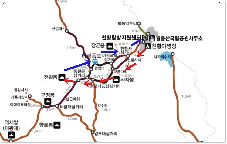 월출산 최단코스 - 천황탐방지원센터 출발 - 천황사삼거리 - 구름다리 - 통천문 삼거리 - 천황봉 정상 - 바람폭포 - 천황탐방지원센터 도착