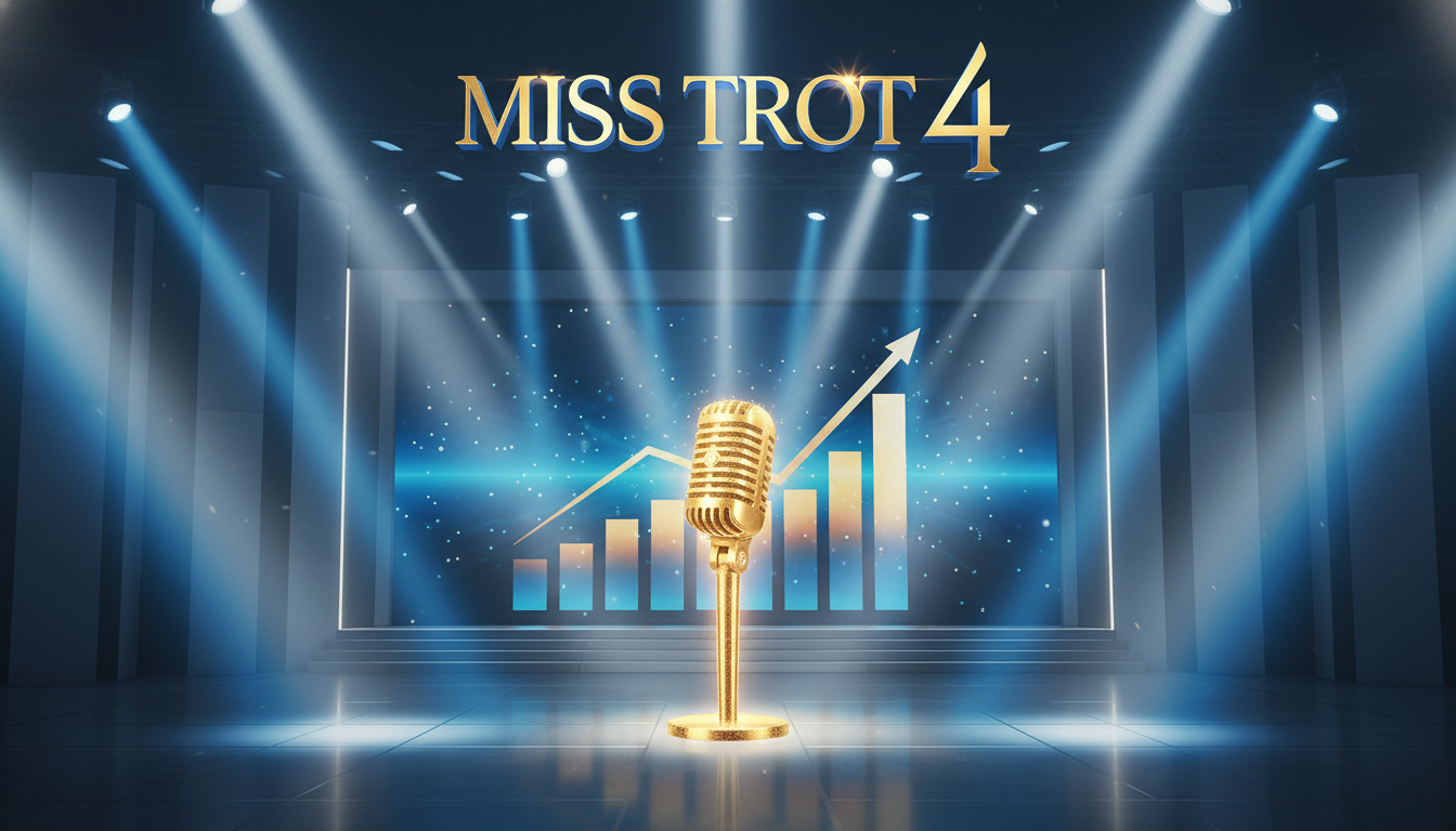 2026 미스트롯4 실시간 순위 및 대국민 응원 투표 안내를 위한 화려한 블루 그레이 톤의 무대 배경 이미지