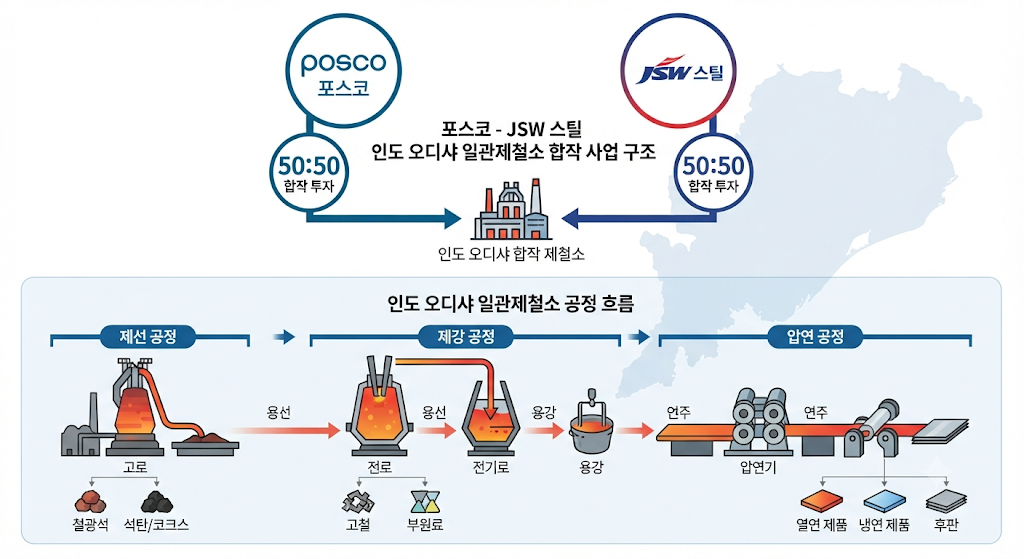포스코 JSW스틸 50대50 인도 일관제철소 합작 구조