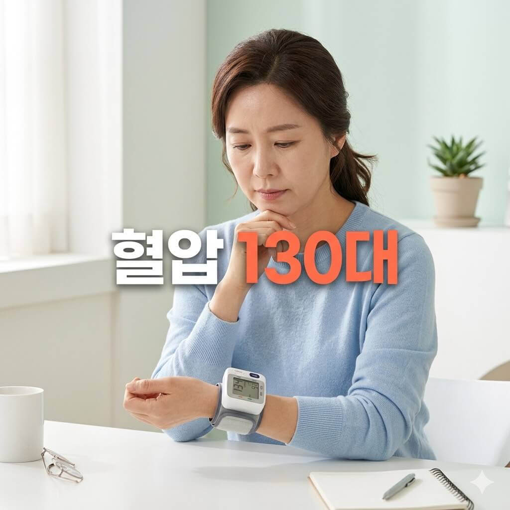 혈압계를 보며 걱정하고 있는 중년 여성의 모습