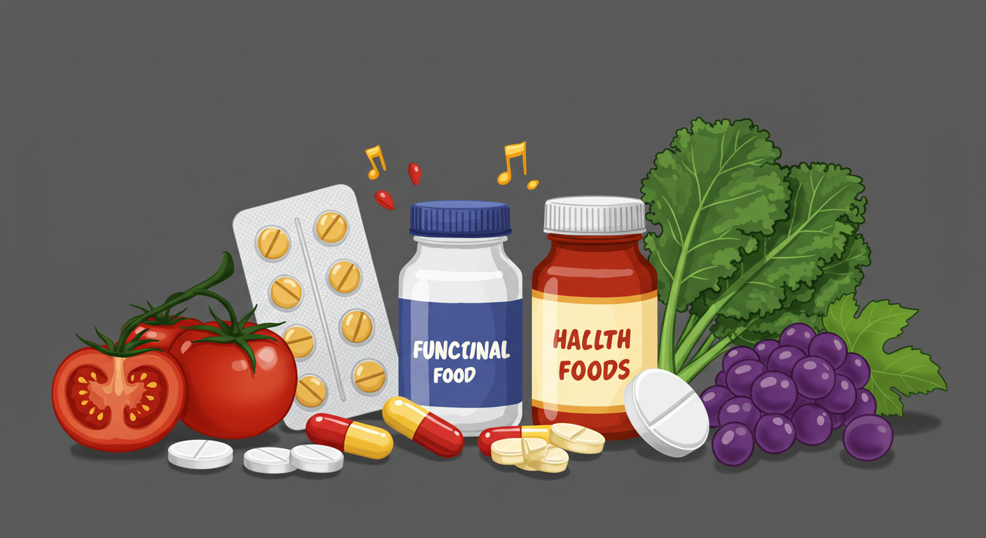 다양한 건강기능식품 알약과 캡슐이 놓여 있고, 그 주변에 신선한 과일과 채소가 함께 배치되어 건강하고 활기찬 느낌을 주는 일러스트레이션