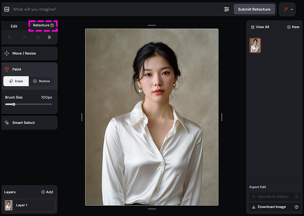 Midjourney Retexture, 인물 이미지에서 리텍스쳐 버튼을 클릭한 화면_Midjourney