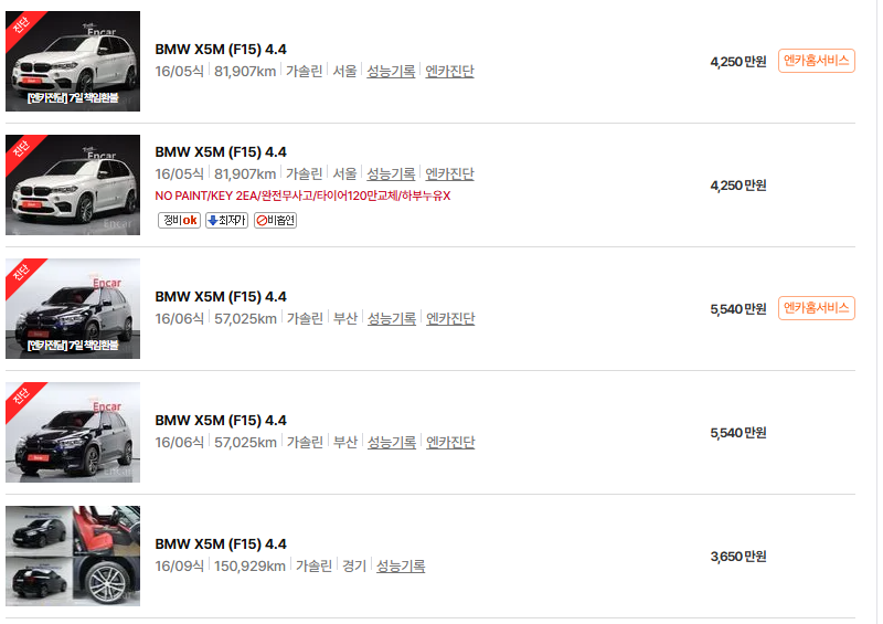 BMW X5M 중고차 가격 시세표 고속 시내 연비