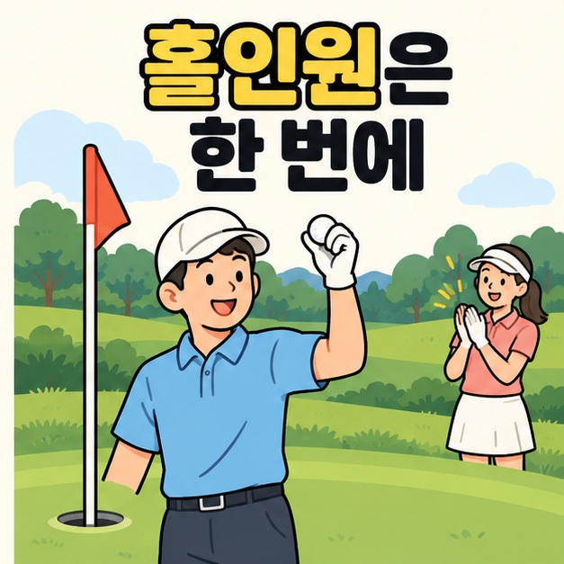 홀인원은 한 번에라는 문구 아래 그린의 홀 옆에서 골퍼가 공을 들어 보이고 동반자가 박수로 축하하는 그림