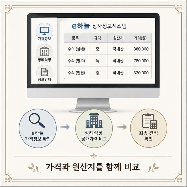 e하늘 장사정보서비스와 장례식장 가격표를 이용해 수의와 장례용품의 공개가격을 비교하고 최종 견적을 확인하는 모습을 보여 주는 그림