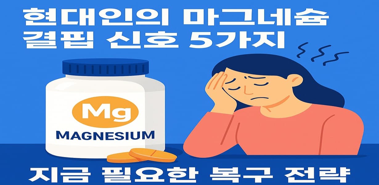 마그네슘 부족 증상과 복구 전략을 설명하는 건강한 여성과 영양제 제품 이미지