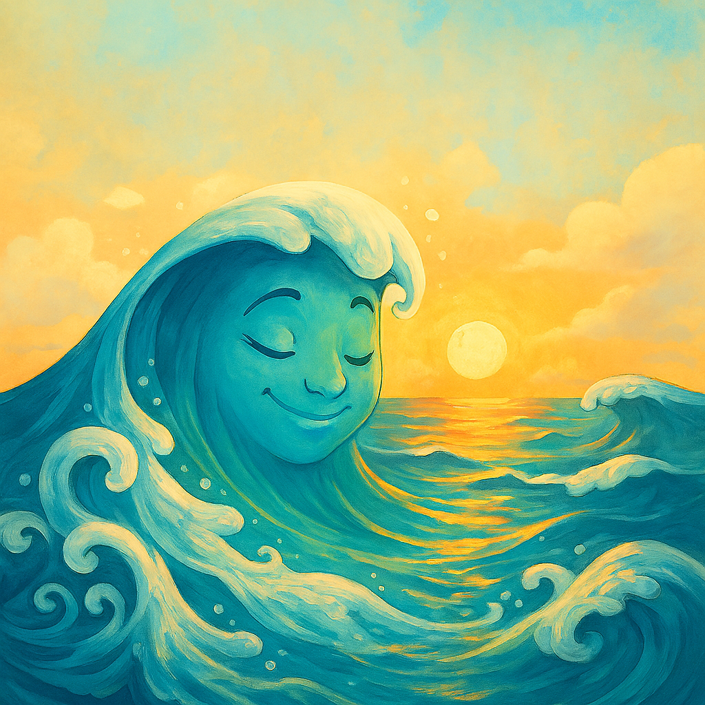 감정을 담은 디즈니 스타일의 바다 풍경 일러스트 파도, 햇살, 따뜻한 색감