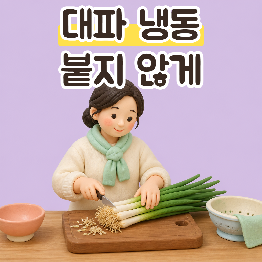부엌 조리대에서 대파 한 단을 손질하는 성글이