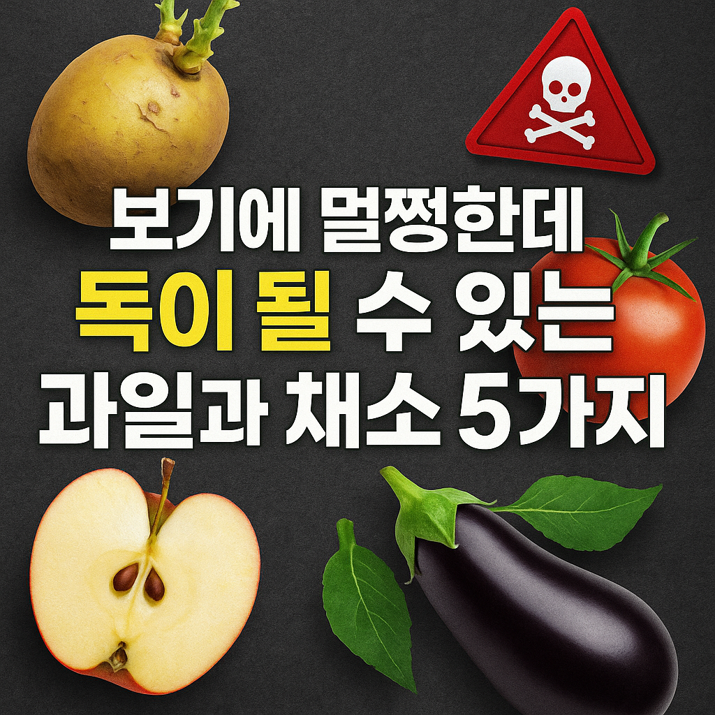 겉보기엔 멀쩡하지만 독성이 있을 수 있는 과일과 채소 5가지를 경고하는 뉴스형 썸네일 이미지