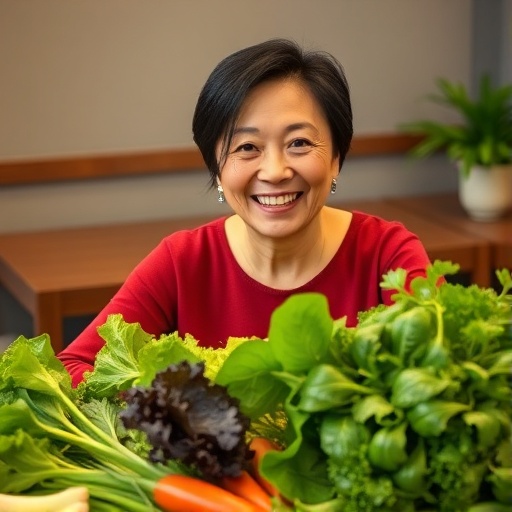 엽산이 풍부한 쑥갓,깻잎,시금치 등 녹황색채소로 식사하는 여성의 이미지