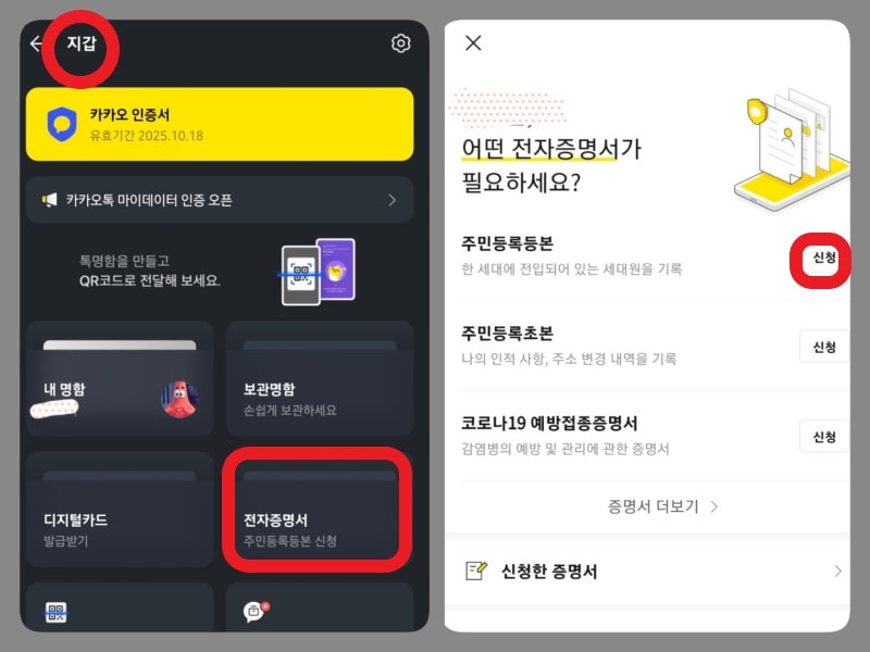 카톡 지갑 전자증명서 발급