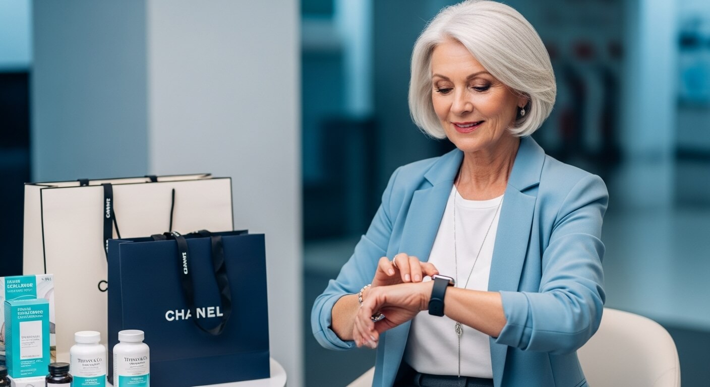 중년의 여성분이 쇼핑백을 옆에두고 시계를 보고 있다