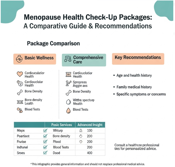 갱년기 여성 건강검진 패키지 항목 비교 및 추천 정보를 담은 인포그래픽" 이미지
