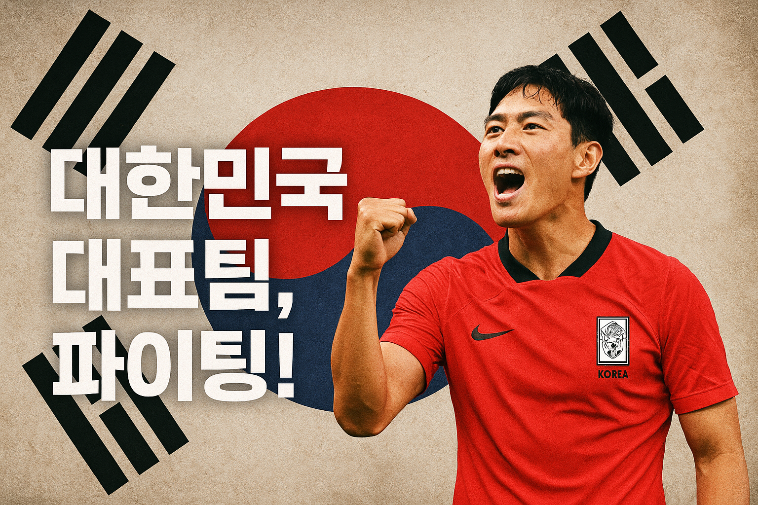 “대한민국 대표팀, 파이팅!” 응원의 메시지를 담은 마무리 이미지입니다.