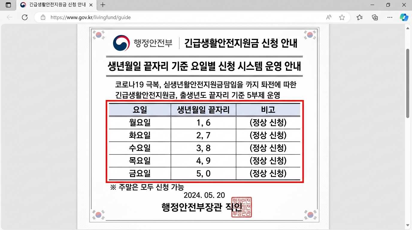 생활지원금 방문 신청 시 적용되는 출생연도 끝자리 5부제 요일제 표 안내 화면 캡처